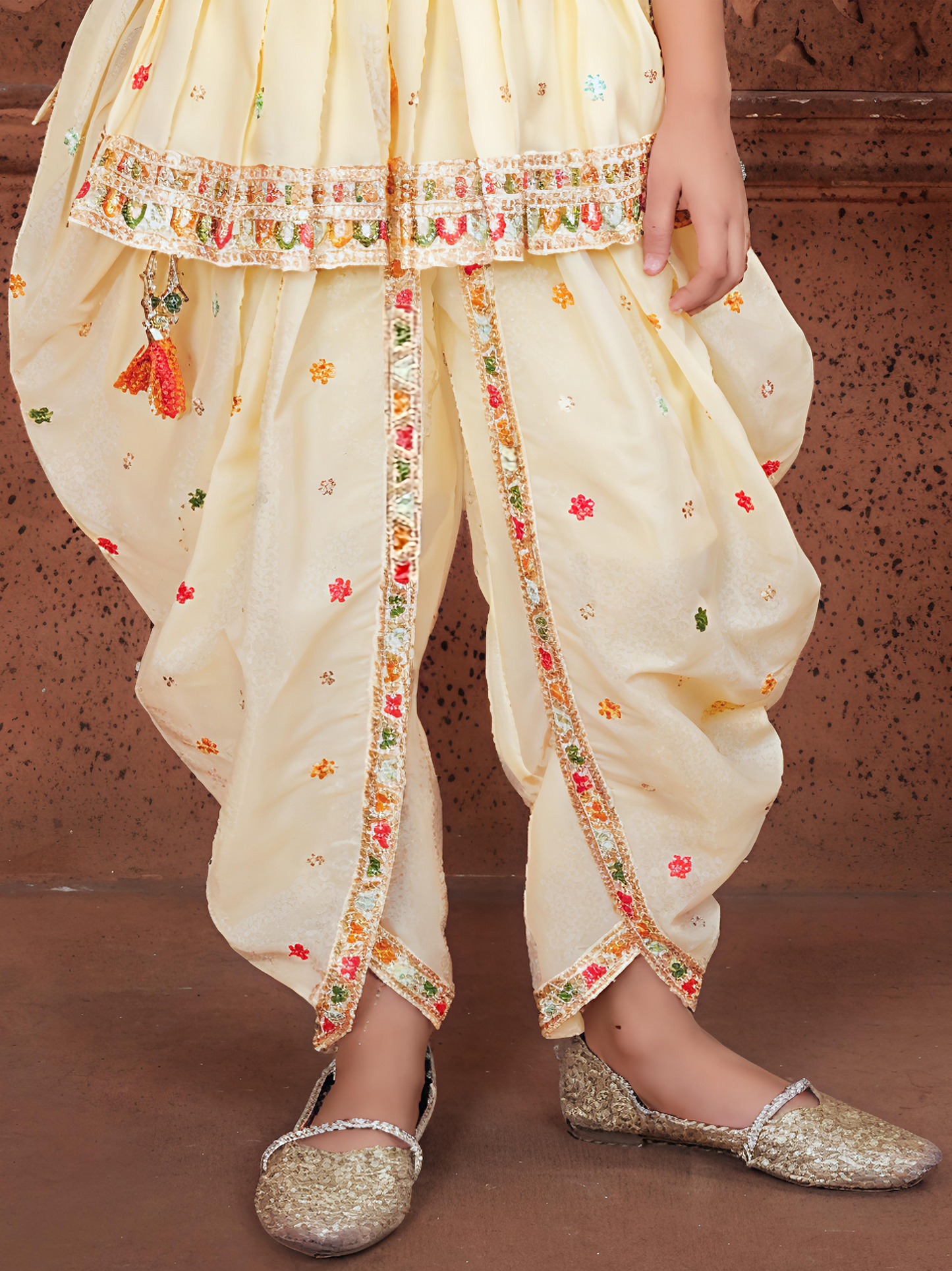 Pink Leaf Girls Cream Embroidered Peplum Kurti with Dhoti Pants