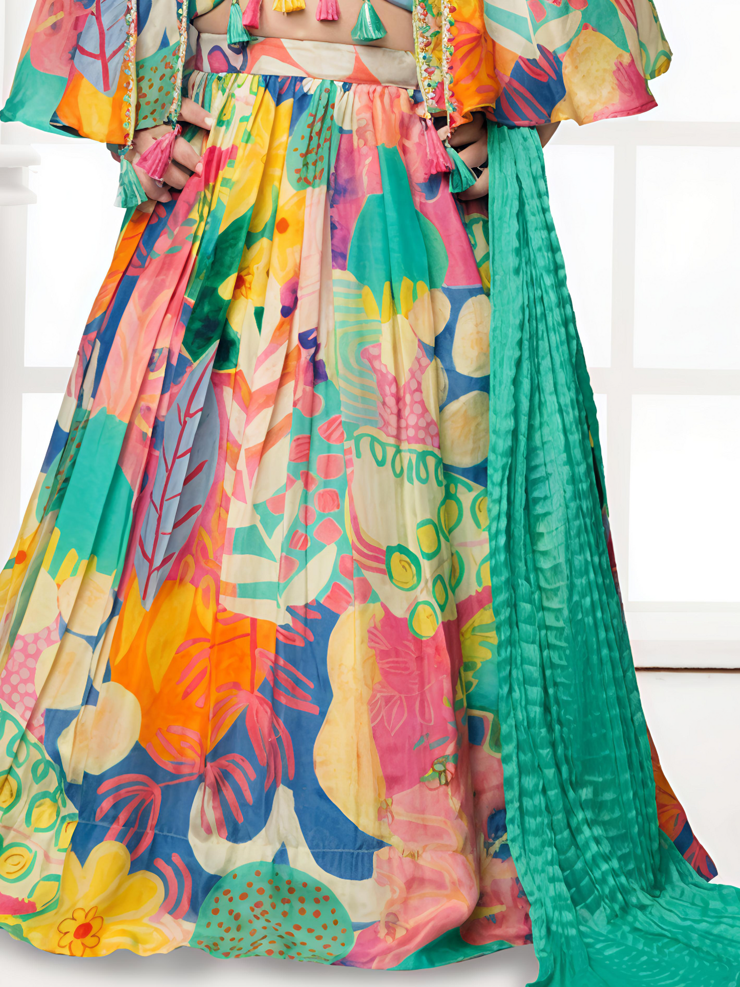 Multicolor Printed Lehenga Choli Set with Cape & Dupatta