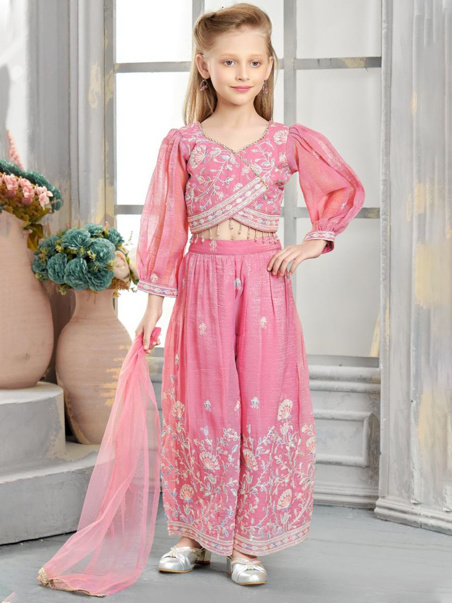 Pink Embroidered Palazzo Set with Puff Sleeve Blouse & Dupatta