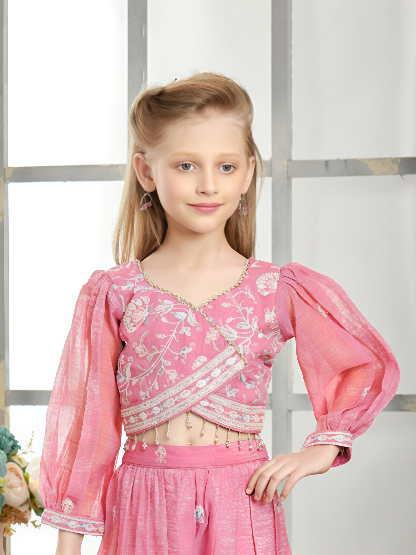 Pink Embroidered Palazzo Set with Puff Sleeve Blouse & Dupatta