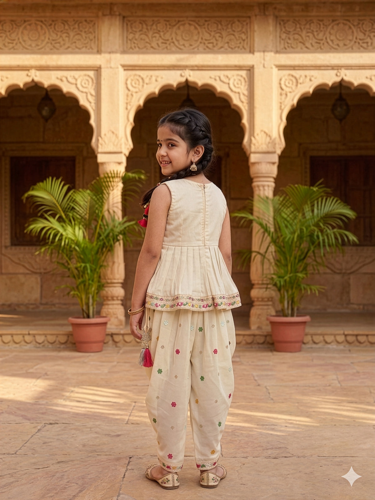 Girls Ethnic Motifs Embroidered Regular Thread Work Kurti with Dhoti Pants