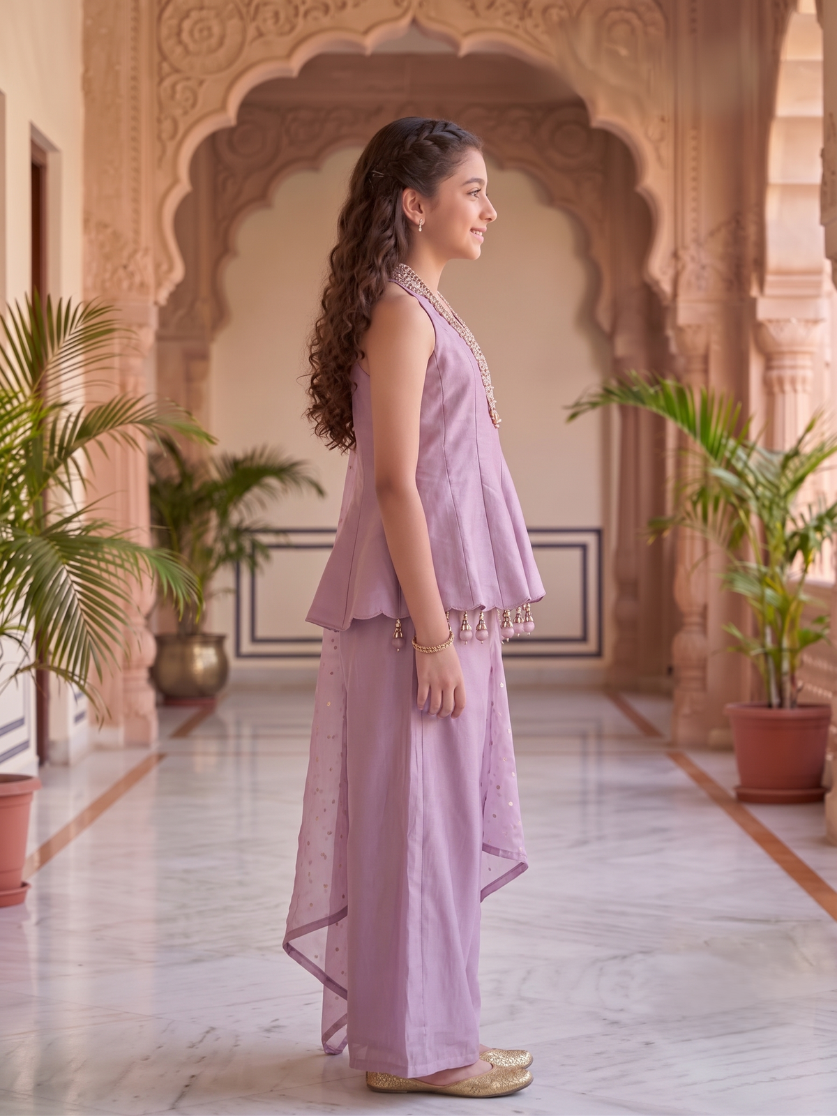 Girls' Lavender Embellished Halter Peplum and Palazzo Set with Dupatta