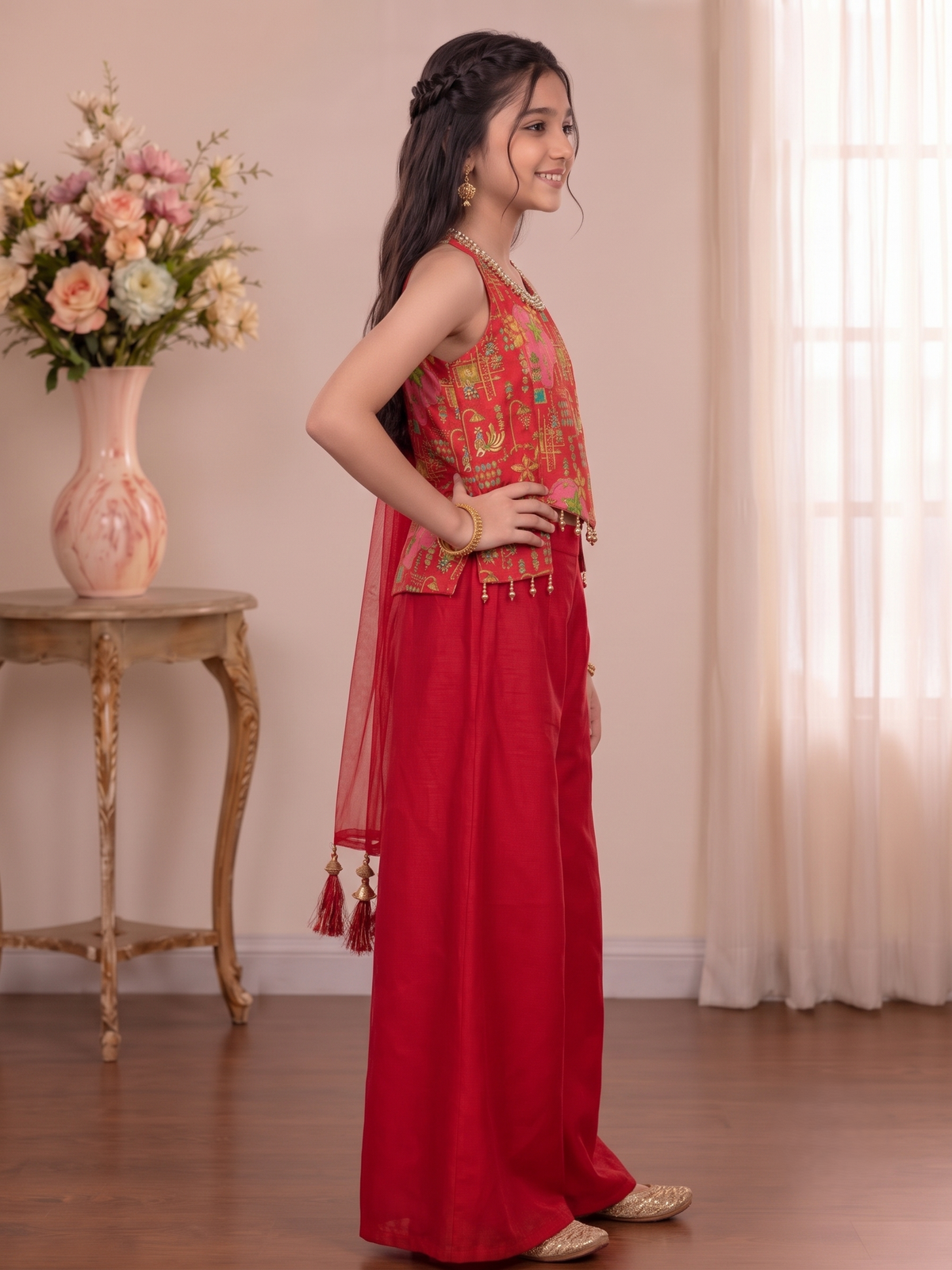 Girls' Red Printed Halter Top and Solid Palazzo Set with Dupatta