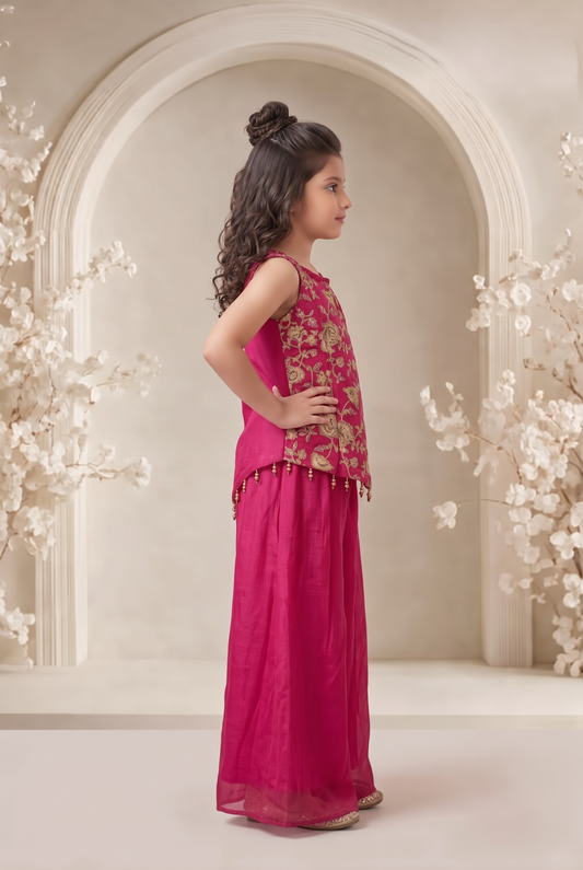 Girls' Magenta Gold Floral Embroidered Strappy Top and Flared Palazzo Set