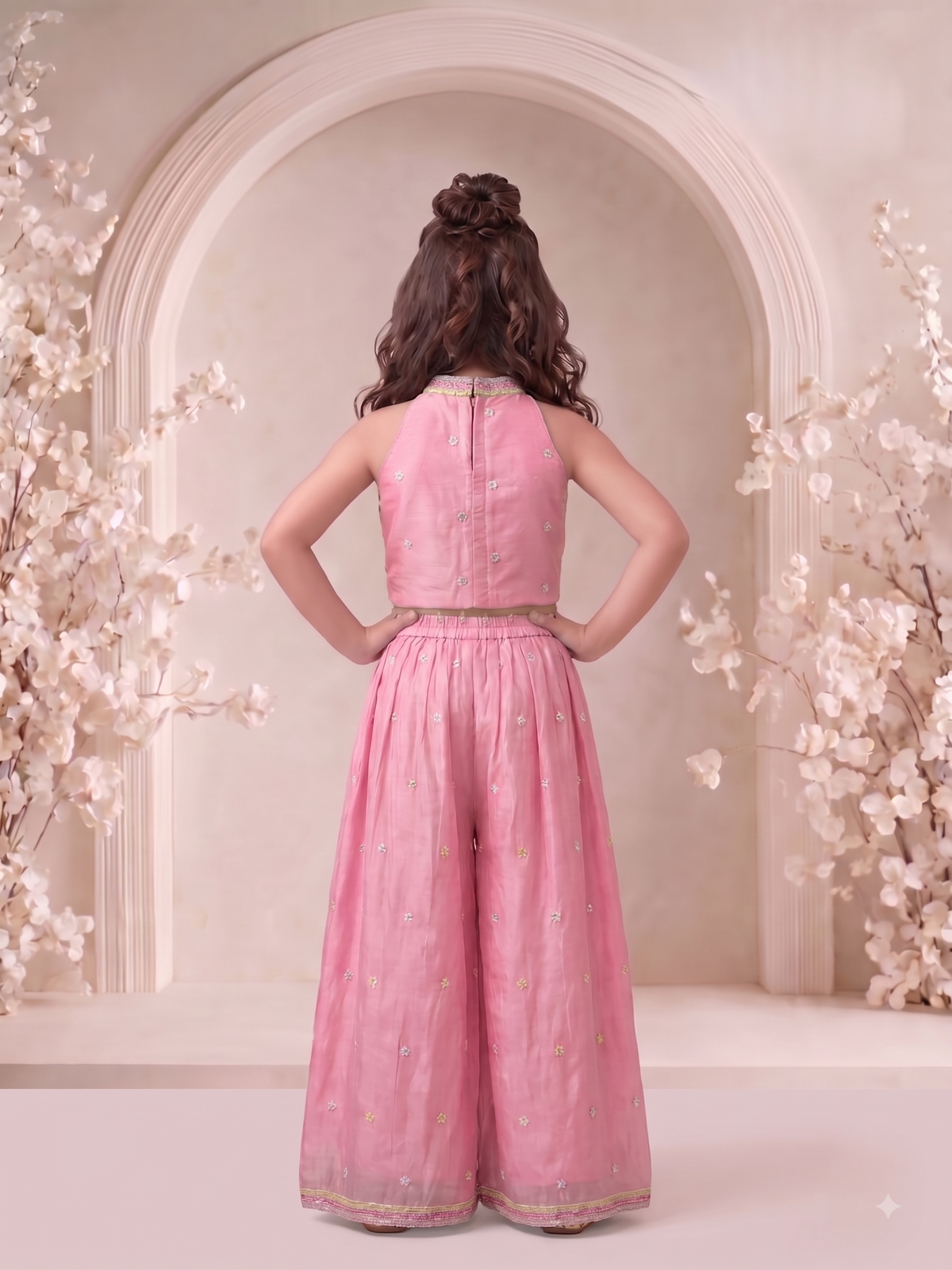 Girls Floral Embroidered Regular Thread Work Top with Palazzos & With Dupatta