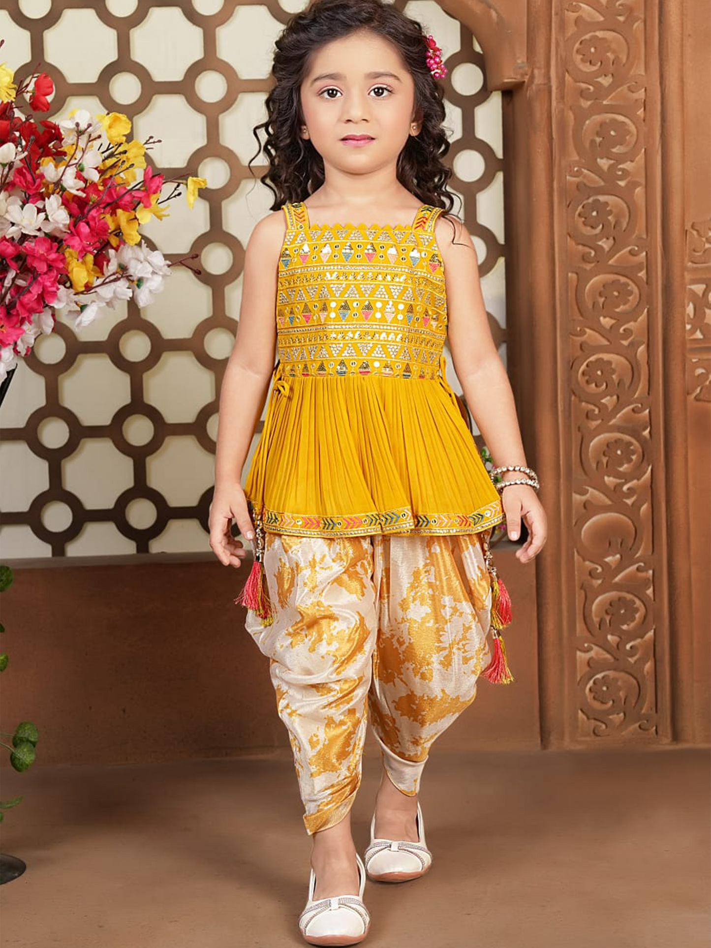 Product Name: Mustard Mirror Work Peplum Top with Brocade Patiala for Girls