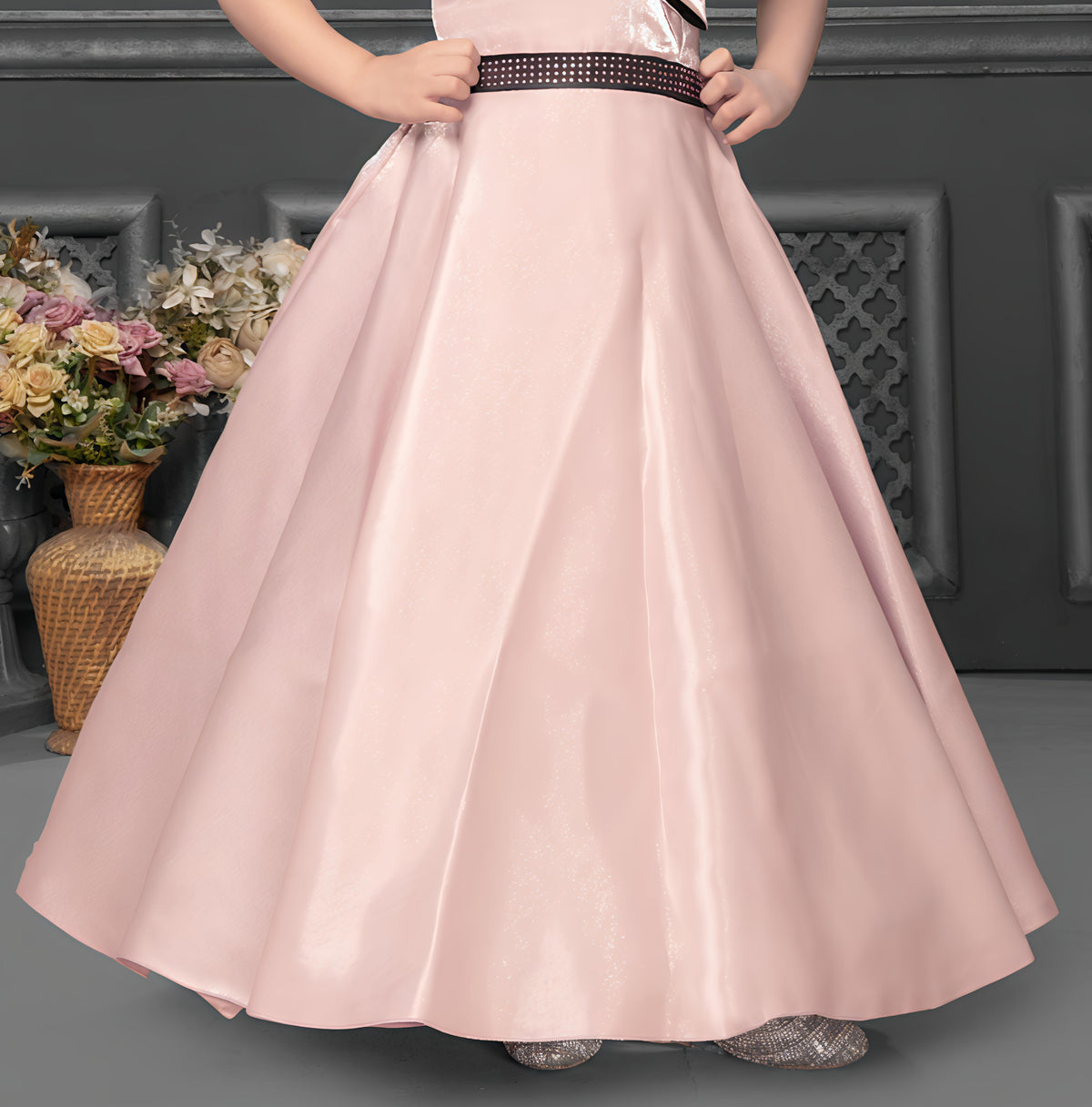 Girls Assymetric Neck Satin Gown Dress