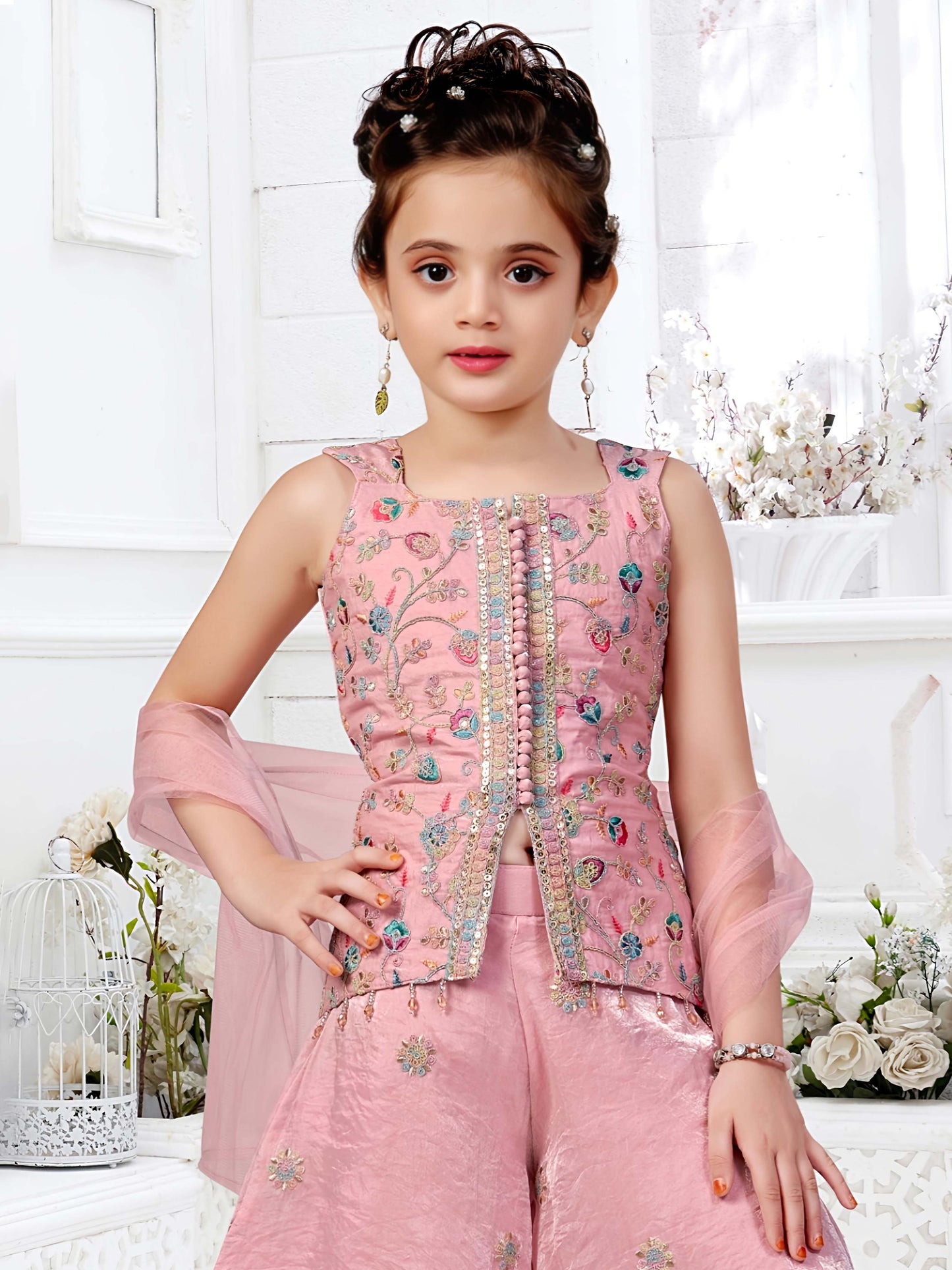 Rose Glow Embroidered Palazzo Set for Girls