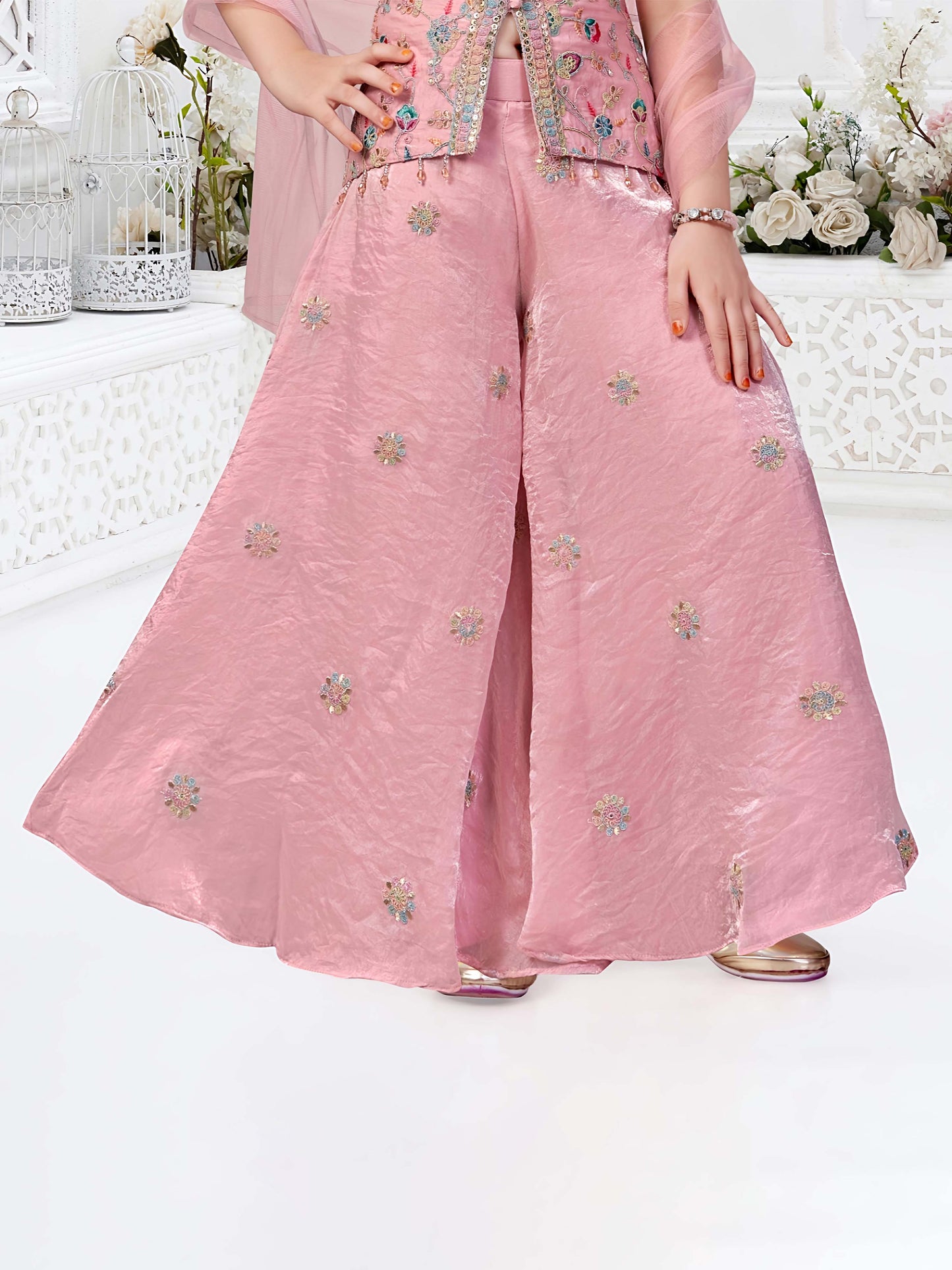 Rose Glow Embroidered Palazzo Set for Girls