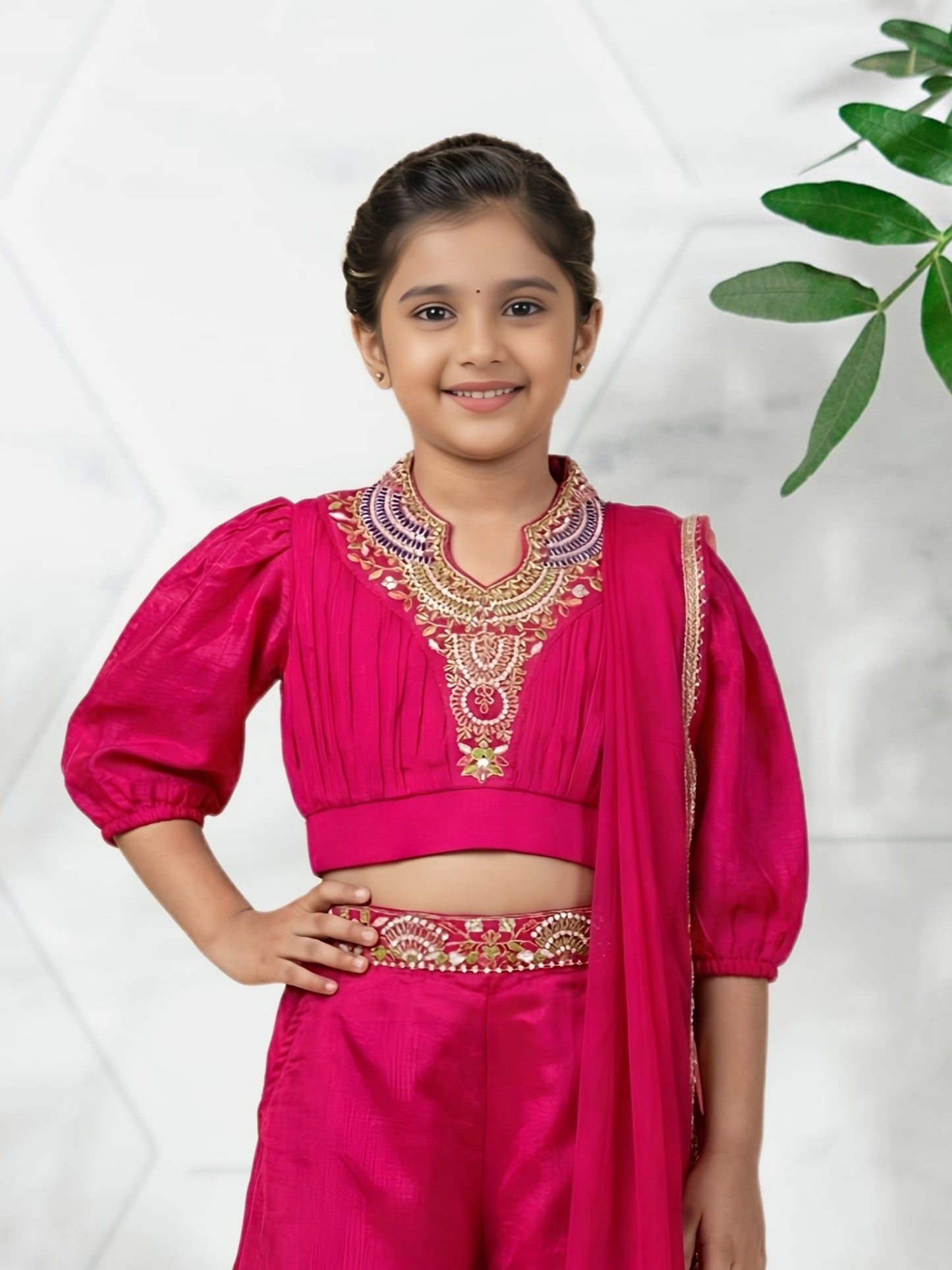 Girls' Embroidered Rani Indo-Western Crop Top and Palazzo Set with Dupatta