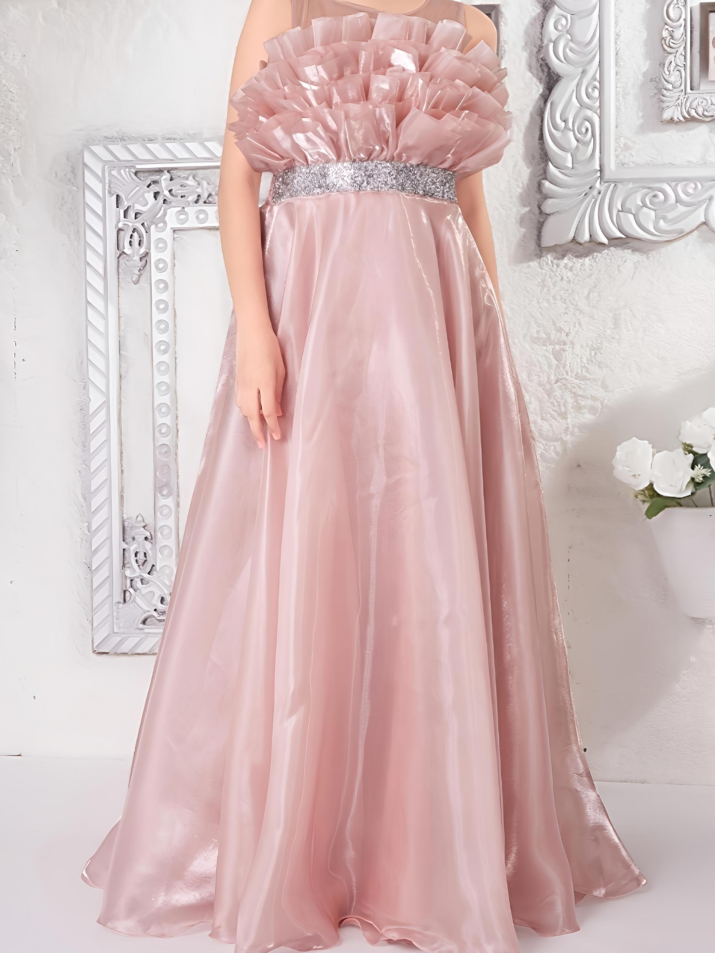Blush Pink Girls Party Gown with Ruffled Bodice – Princess Dress