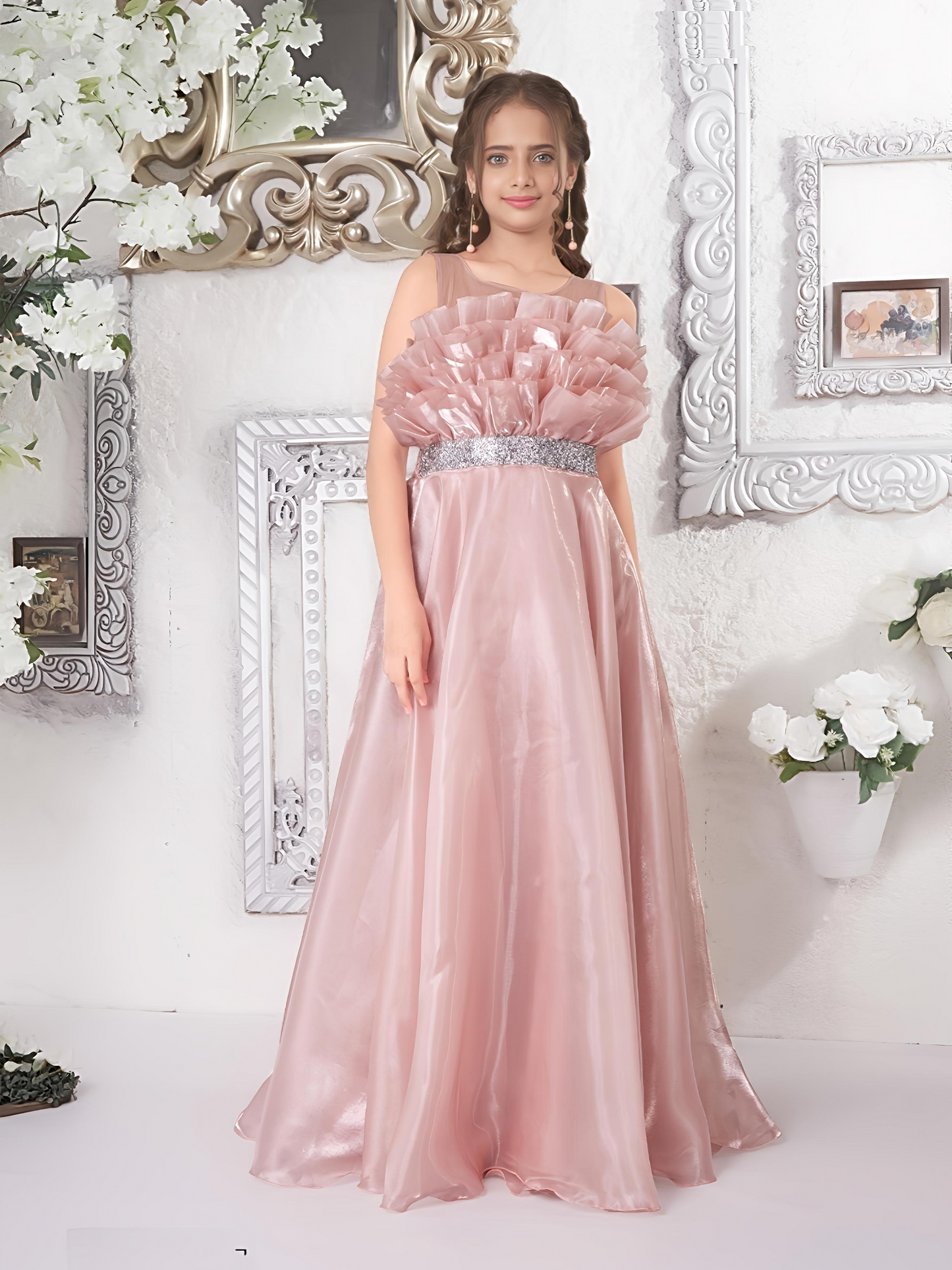Blush Pink Girls Party Gown with Ruffled Bodice – Princess Dress