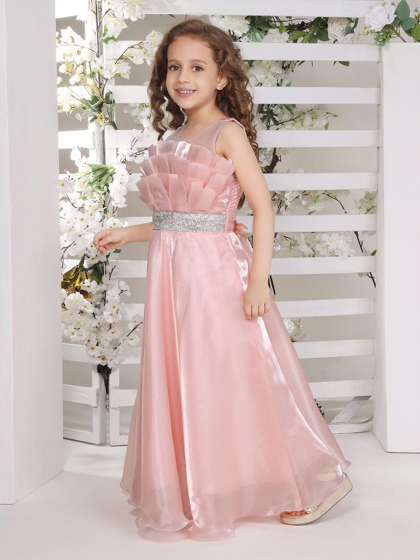 Blush Pink Girls Party Gown with Ruffled Bodice – Princess Dress