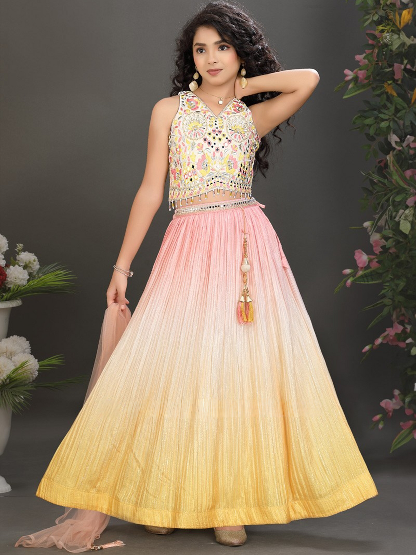 Cream & Yellow Floral Lehenga Choli Set
