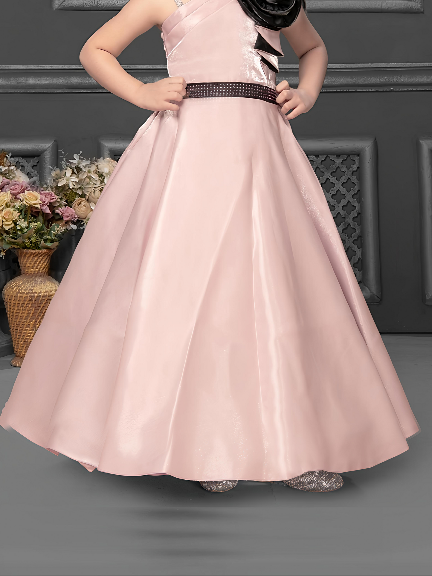 Blush Pink One-Shoulder Gown for Girls with Black Floral Accent – Designer Party Dress