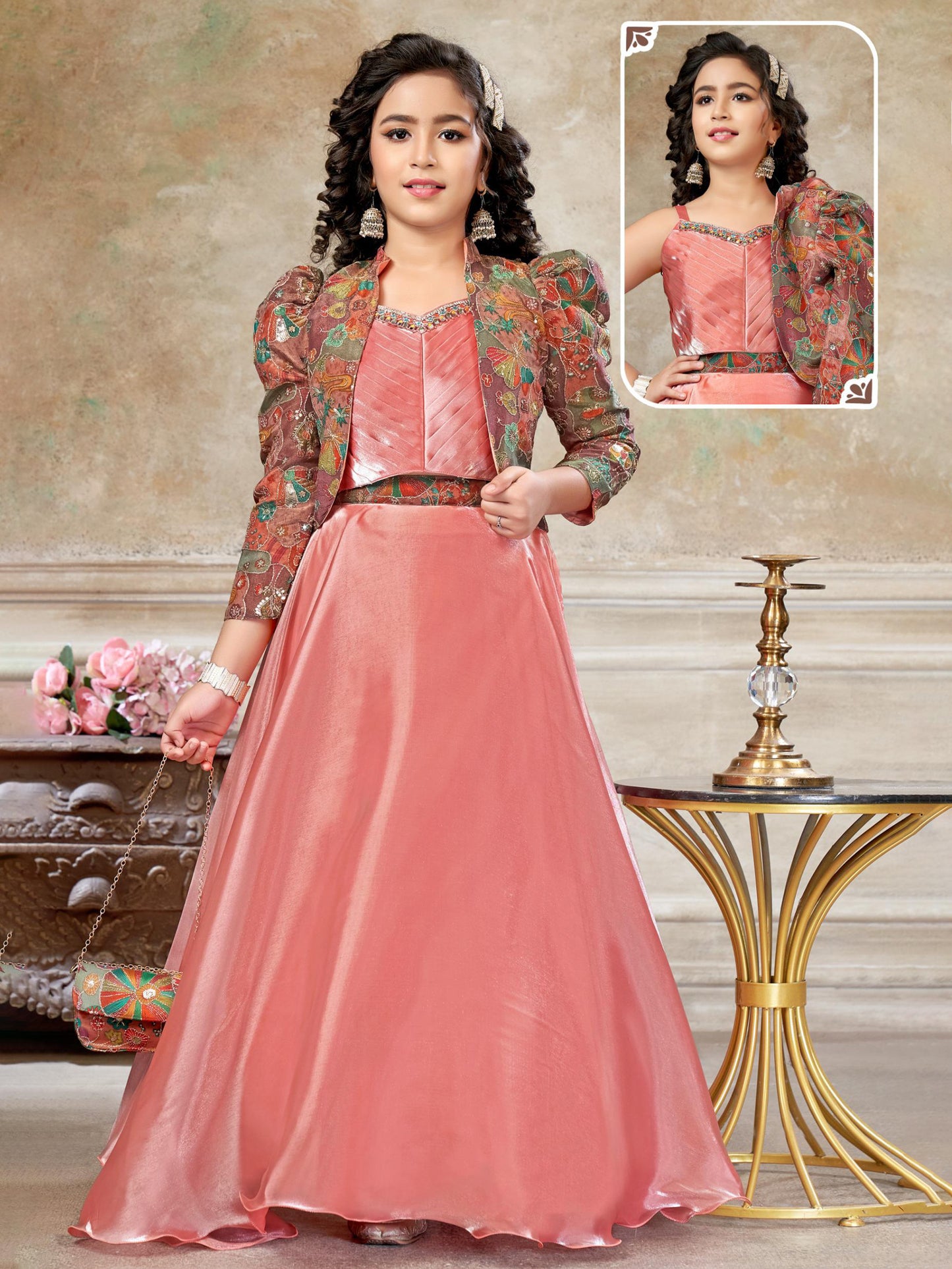 Peach Choli with Inner & Printed Jacket – Girls Ethnic Party Wear Set