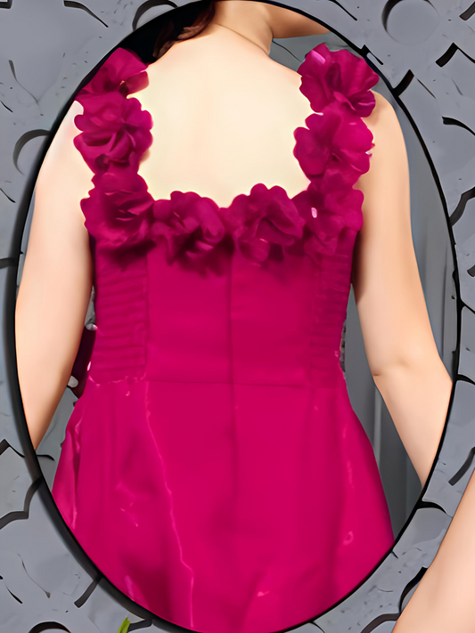 Crimson Red Floral Neck Satin Gown for Girls