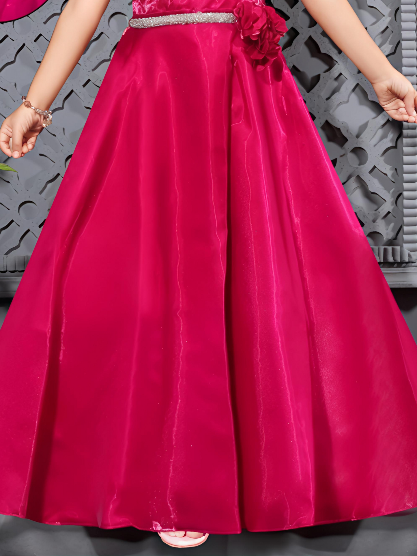 Crimson Red Floral Neck Satin Gown for Girls