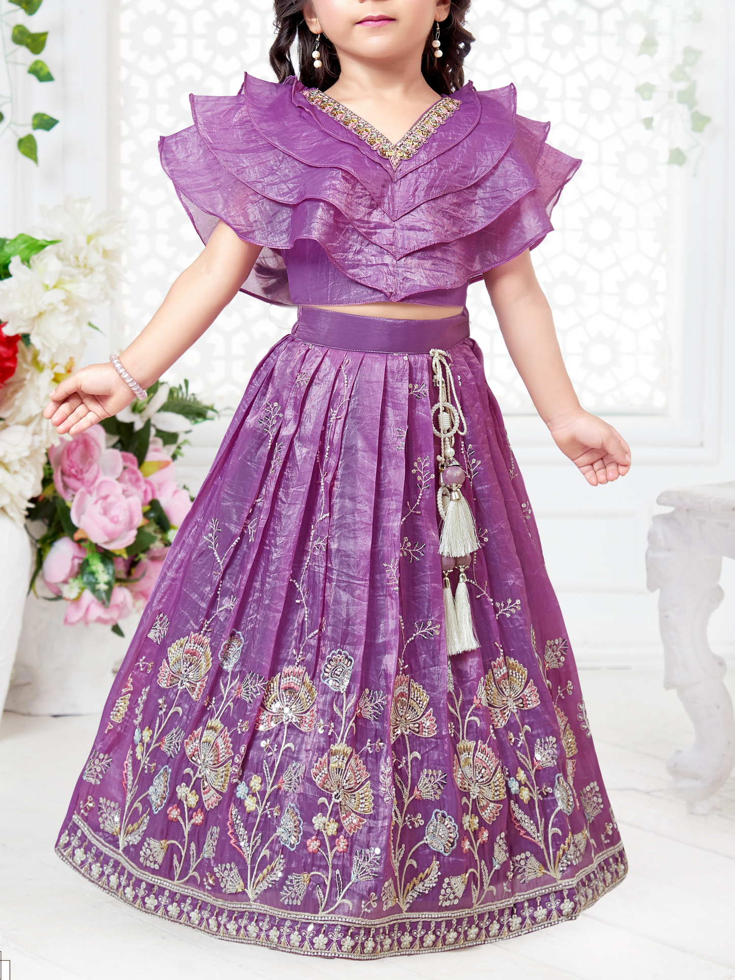 Purple Ruffled Lehenga Choli Set