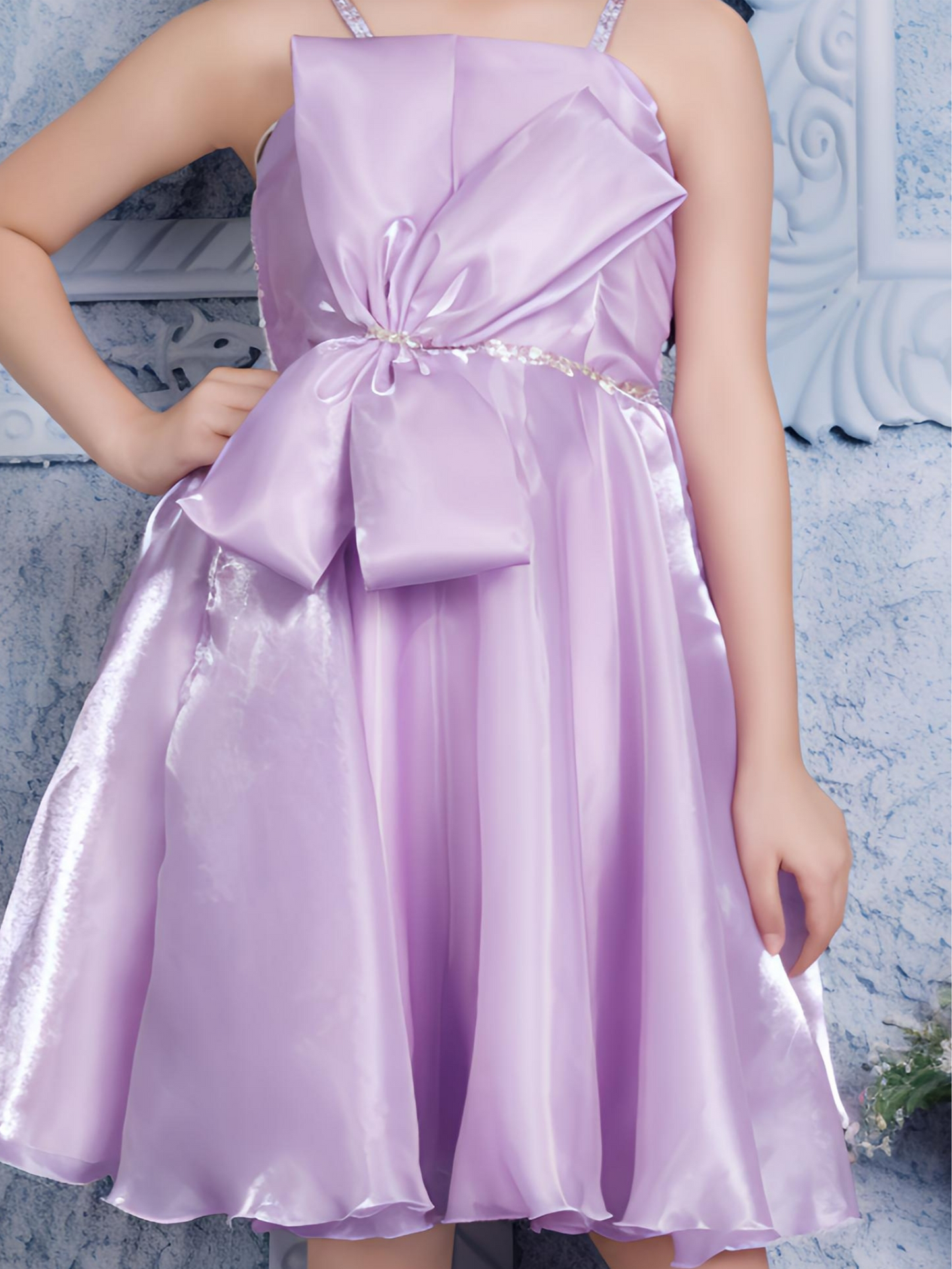 Lilac Satin Knee-Length Dress for Girls with Front Bow – Party Wear