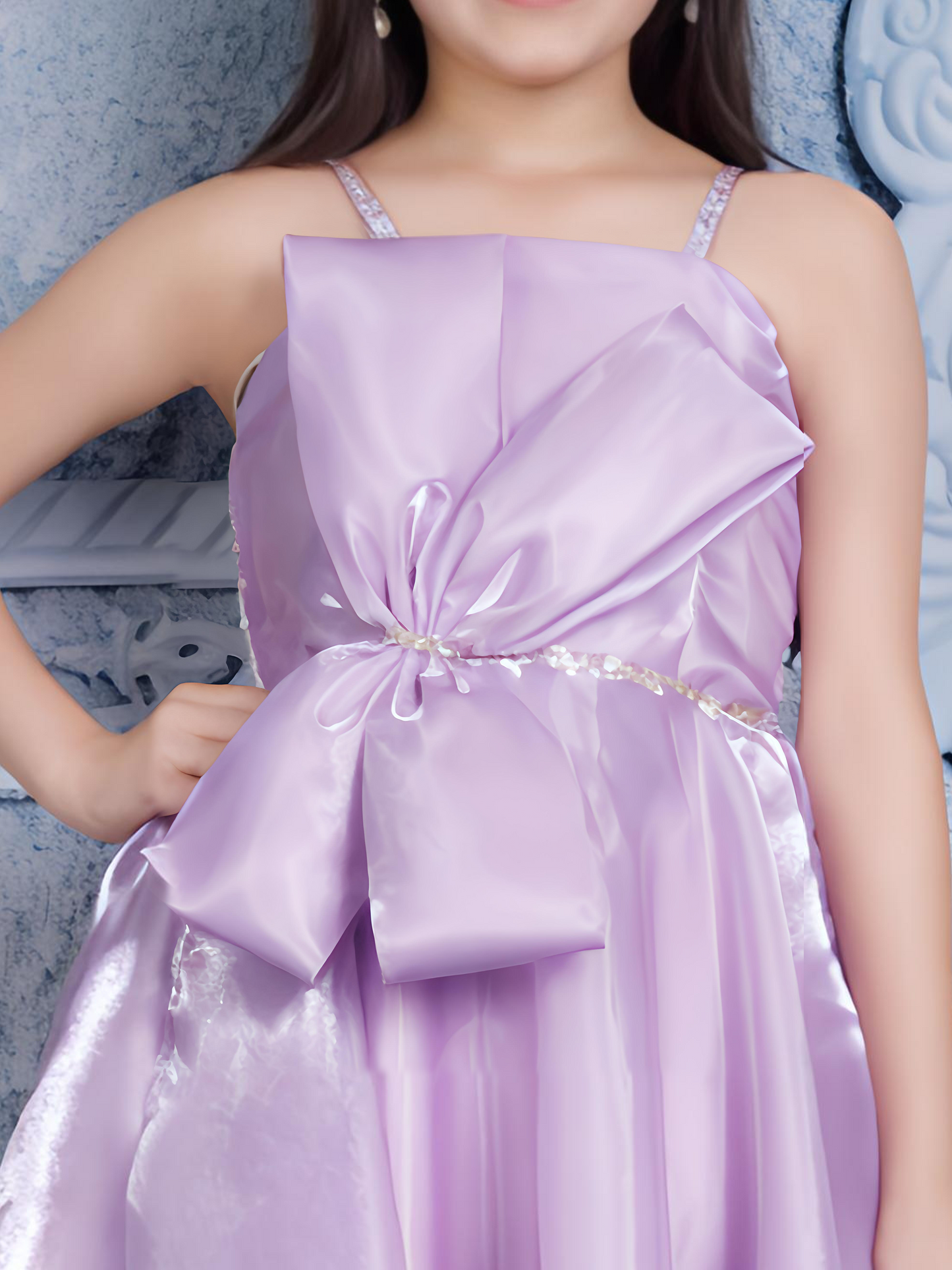 Lilac Satin Knee-Length Dress for Girls with Front Bow – Party Wear