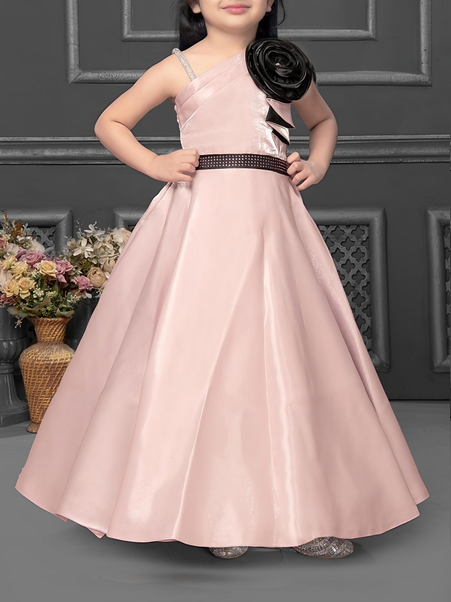Blush Pink One-Shoulder Gown for Girls with Black Floral Accent – Designer Party Dress
