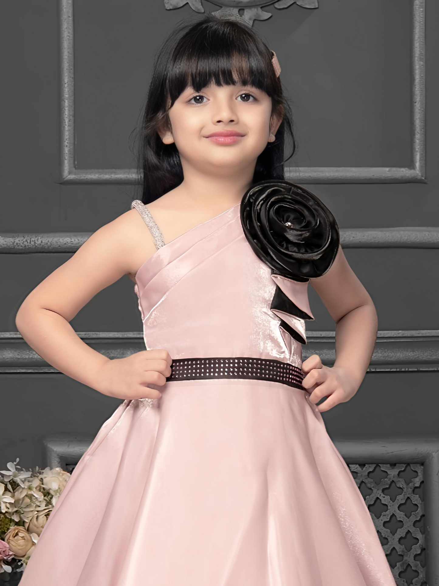 Blush Pink One-Shoulder Gown for Girls with Black Floral Accent – Designer Party Dress