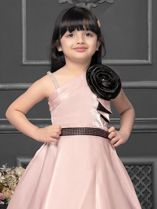 Blush Pink One-Shoulder Gown for Girls with Black Floral Accent – Designer Party Dress
