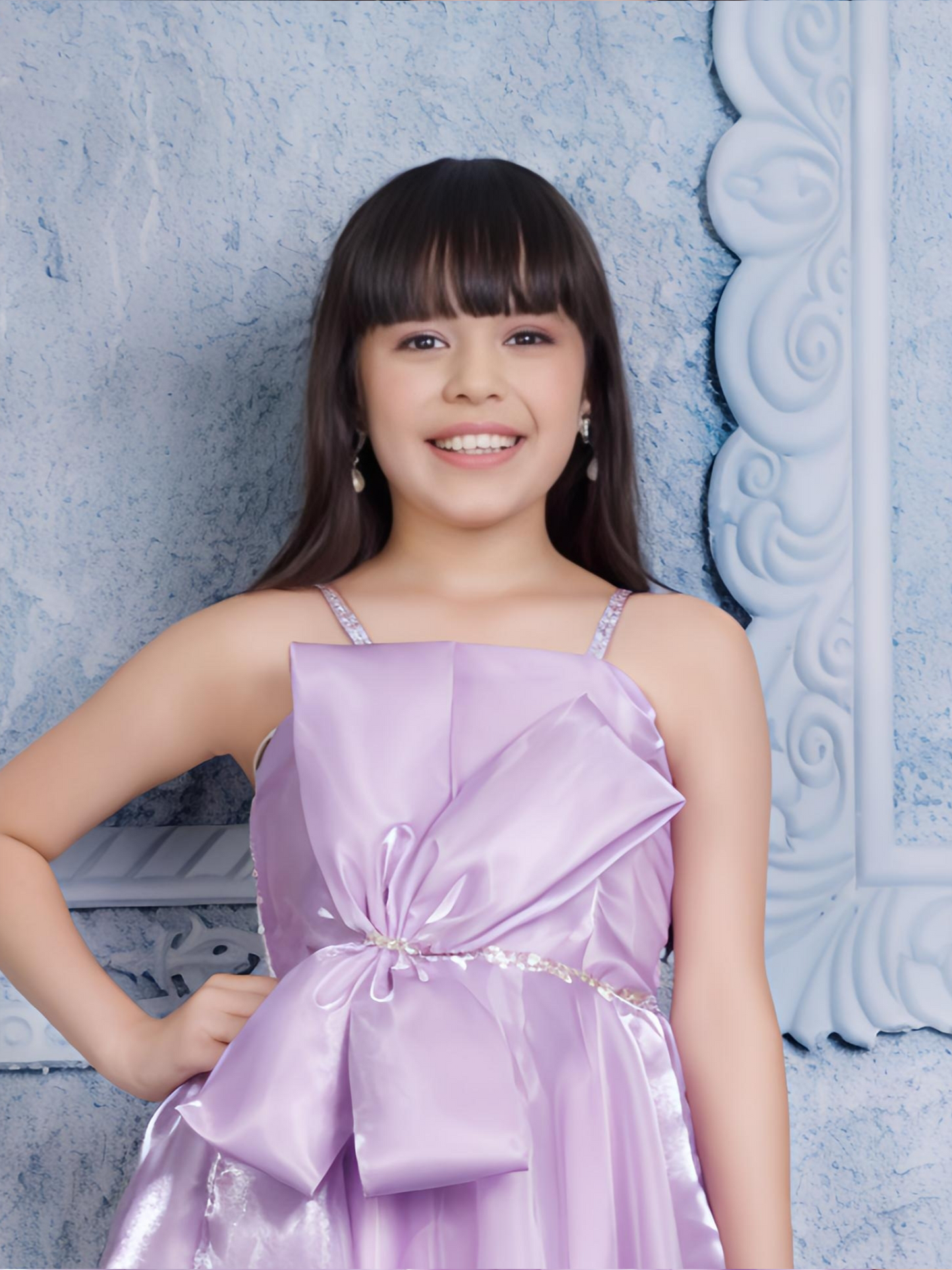 Lilac Satin Knee-Length Dress for Girls with Front Bow – Party Wear