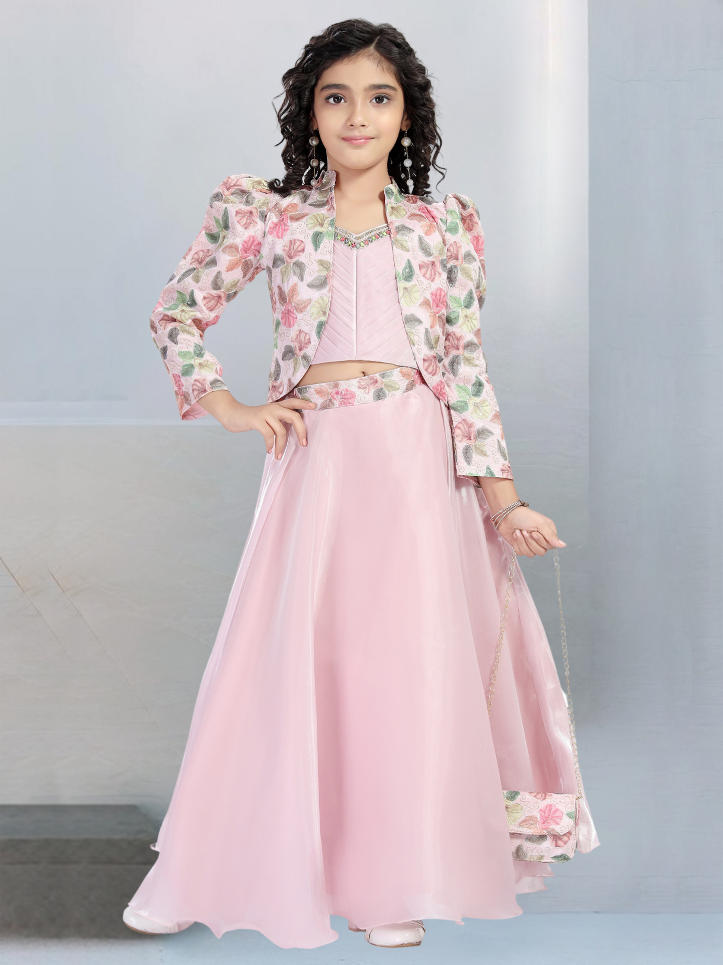 Pink Floral Jacket Lehenga Choli Set