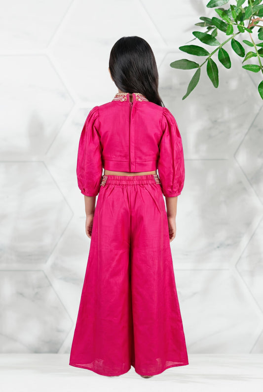 Girls' Embroidered Rani Indo-Western Crop Top and Palazzo Set with Dupatta