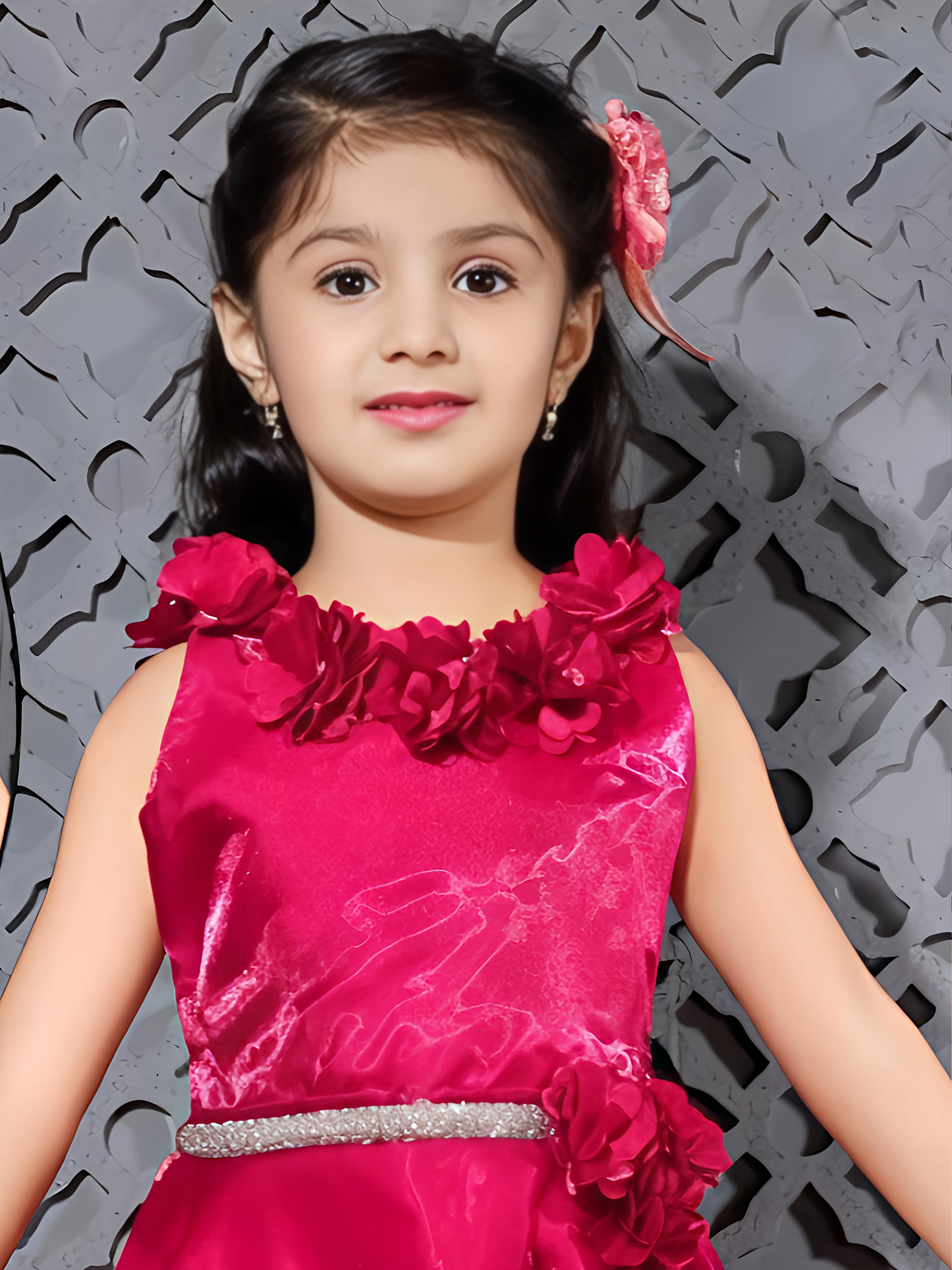 Crimson Red Floral Neck Satin Gown for Girls