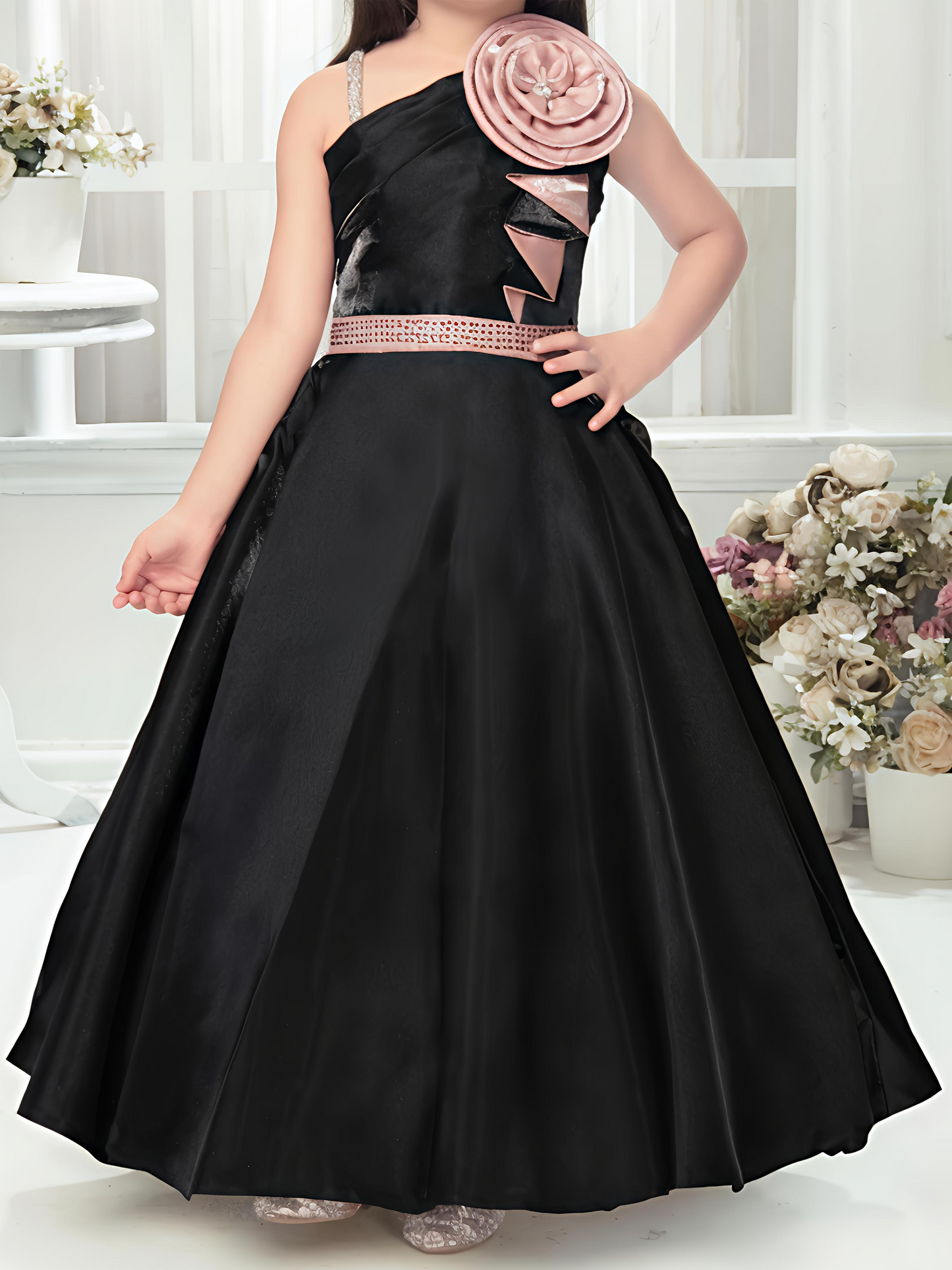 Black One-Shoulder Gown with Rose Appliqué for Girls