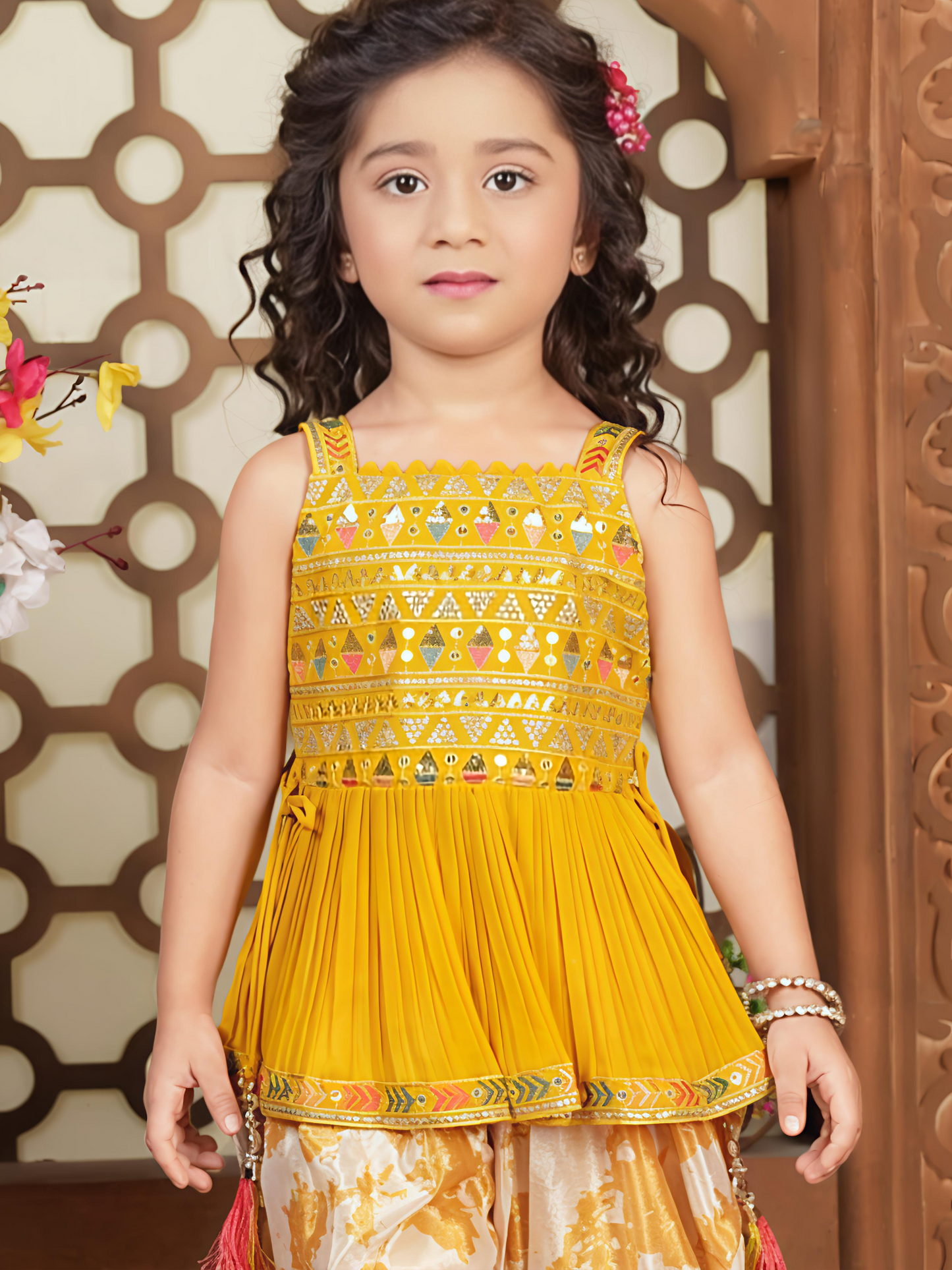 Product Name: Mustard Mirror Work Peplum Top with Brocade Patiala for Girls