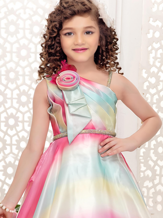 Rainbow Pastel One-Shoulder Gown for Girls – Party Wear Dress