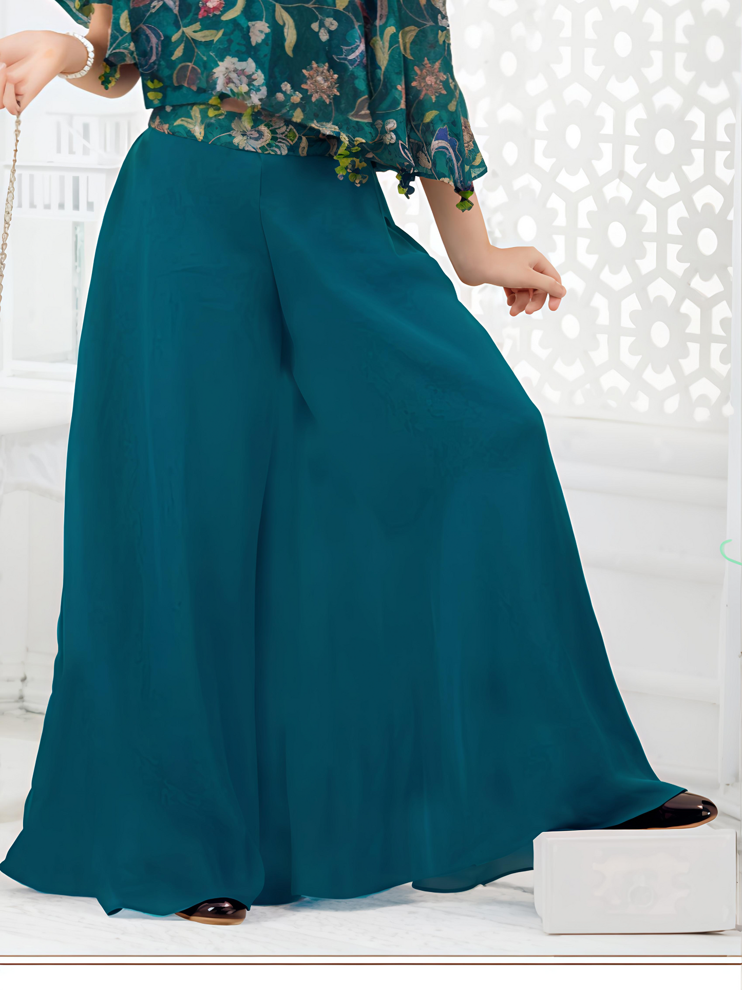 Teal Floral Cape Top with Palazzo Set for Girls