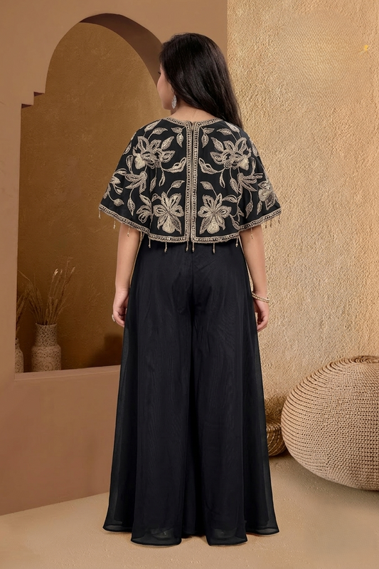 Girls Embroidered Cape Sleeves Top With Palazzos