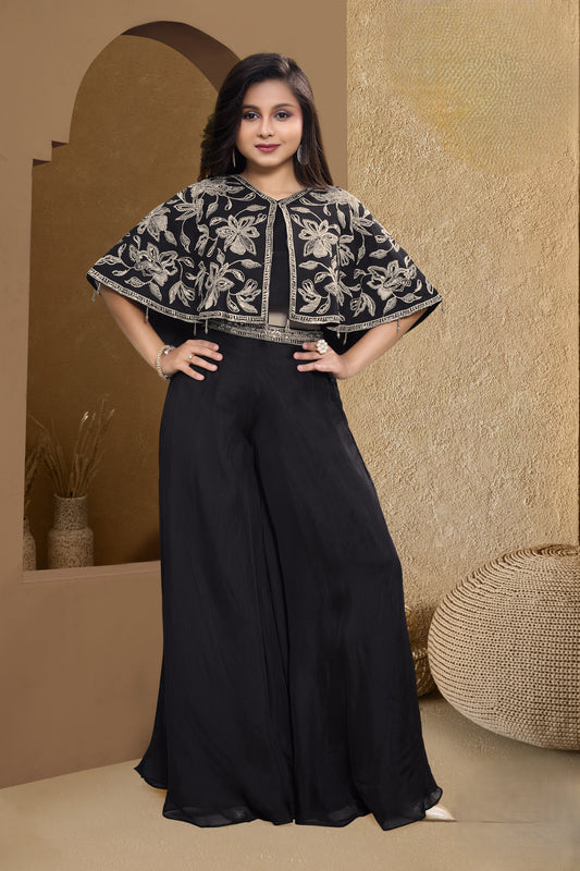 Girls Embroidered Cape Sleeves Top With Palazzos