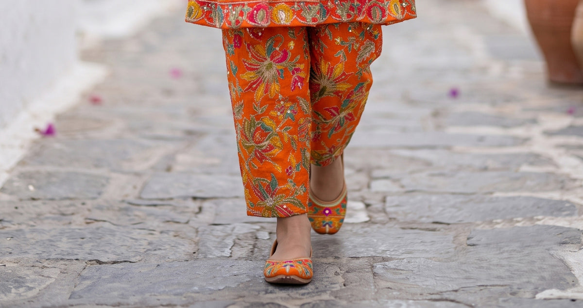 Vibrant Orange Embroidered Peplum Top & Straight Pant Set