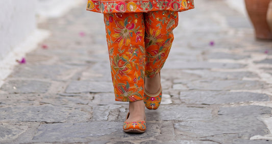 Vibrant Orange Embroidered Peplum Top & Straight Pant Set