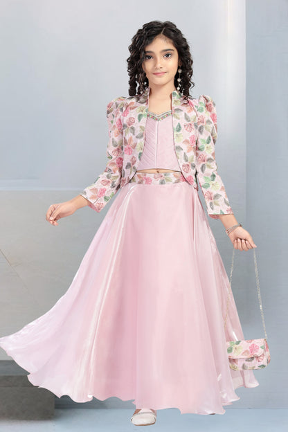 Girls Thread Work Sleeveless Pure Silk Top With Palazzos