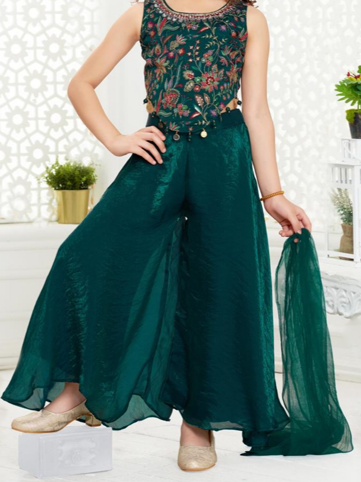 Bottle Green Embroidered Crop Top with Palazzo Set for Girls