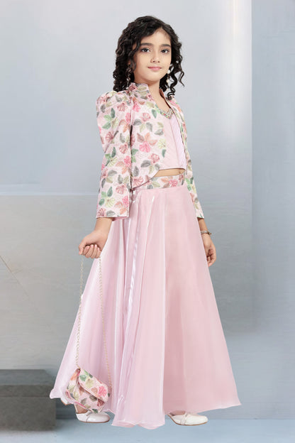 Girls Thread Work Sleeveless Pure Silk Top With Palazzos