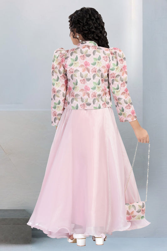 Girls Thread Work Sleeveless Pure Silk Top With Palazzos