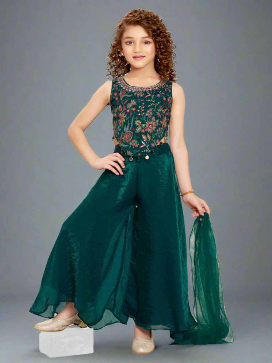 Bottle Green Embroidered Crop Top with Palazzo Set for Girls