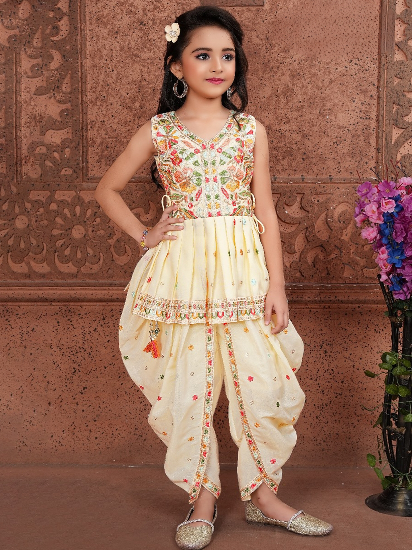 Pink Leaf Girls Cream Embroidered Peplum Kurti with Dhoti Pants