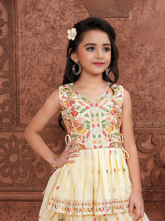 Pink Leaf Girls Cream Embroidered Peplum Kurti with Dhoti Pants