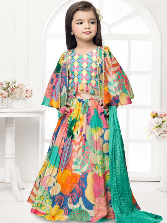 Multicolor Printed Lehenga Choli Set with Cape & Dupatta