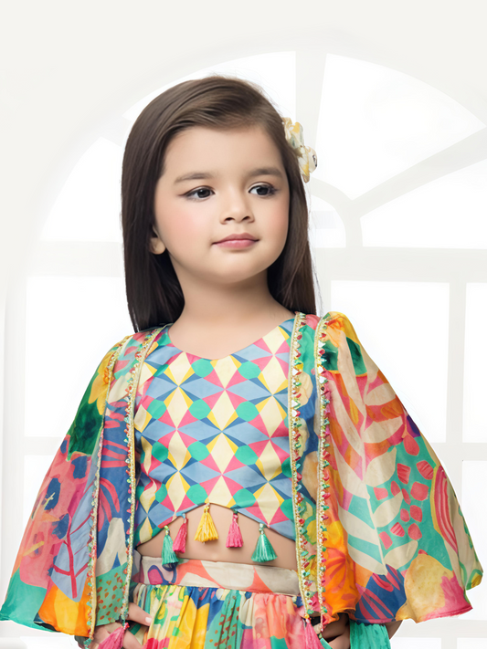 Multicolor Printed Lehenga Choli Set with Cape & Dupatta