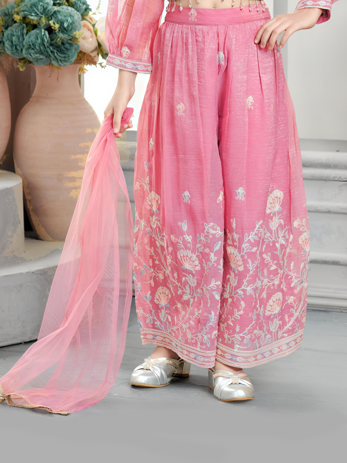 Pink Embroidered Palazzo Set with Puff Sleeve Blouse & Dupatta